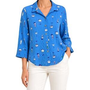 Habitat Sz Medium Blue Wearable Art to Wear Long Sleeve Blouse Shirt Top Artsy